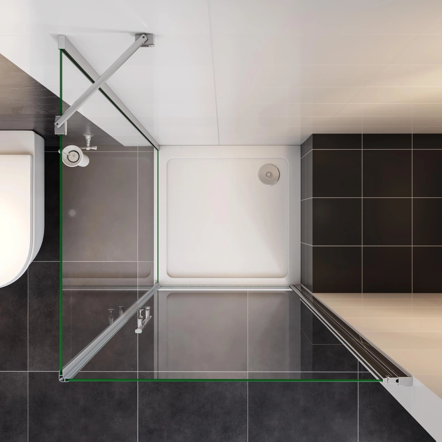 Eckdusche mit Schwingtür und Seitenwand, 90x90cm, chromfarbener Rahmen, Klarglas. Duschkabine von oben.