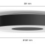 Schwarze Philips Hue Infuse M Deckenleuchte mit Farbwiedergabe und Maßangaben.