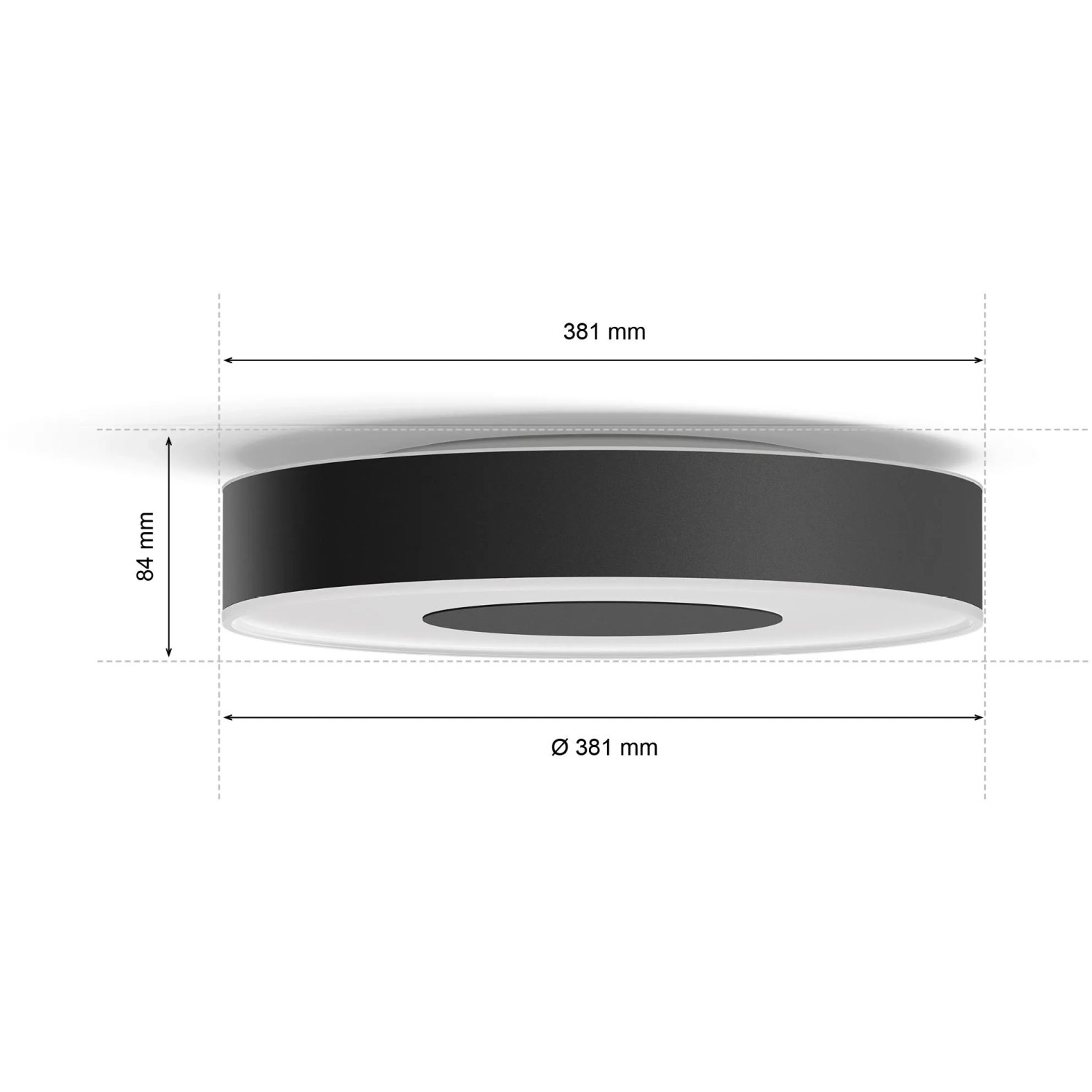 Schwarze Philips Hue Infuse M Deckenleuchte mit Farbwiedergabe und Maßangaben.