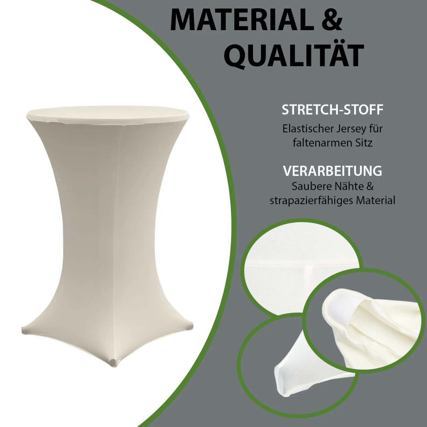 Beige TRUTZHOLM Stehtischhusse aus elastischem Stretch-Stoff für 60cm Tische. Faltenarmer Sitz, strapazierfähiges Polyester.