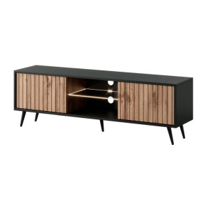 TV-Lowboard Bello 135 cm Schwarz / Wotan Eiche Lamelle mit LED
