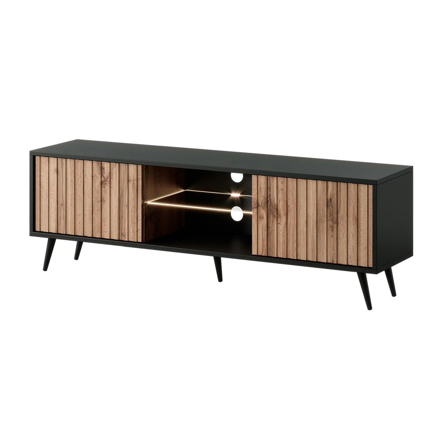 TV-Lowboard Bello 135 cm Schwarz / Wotan Eiche Lamelle mit LED