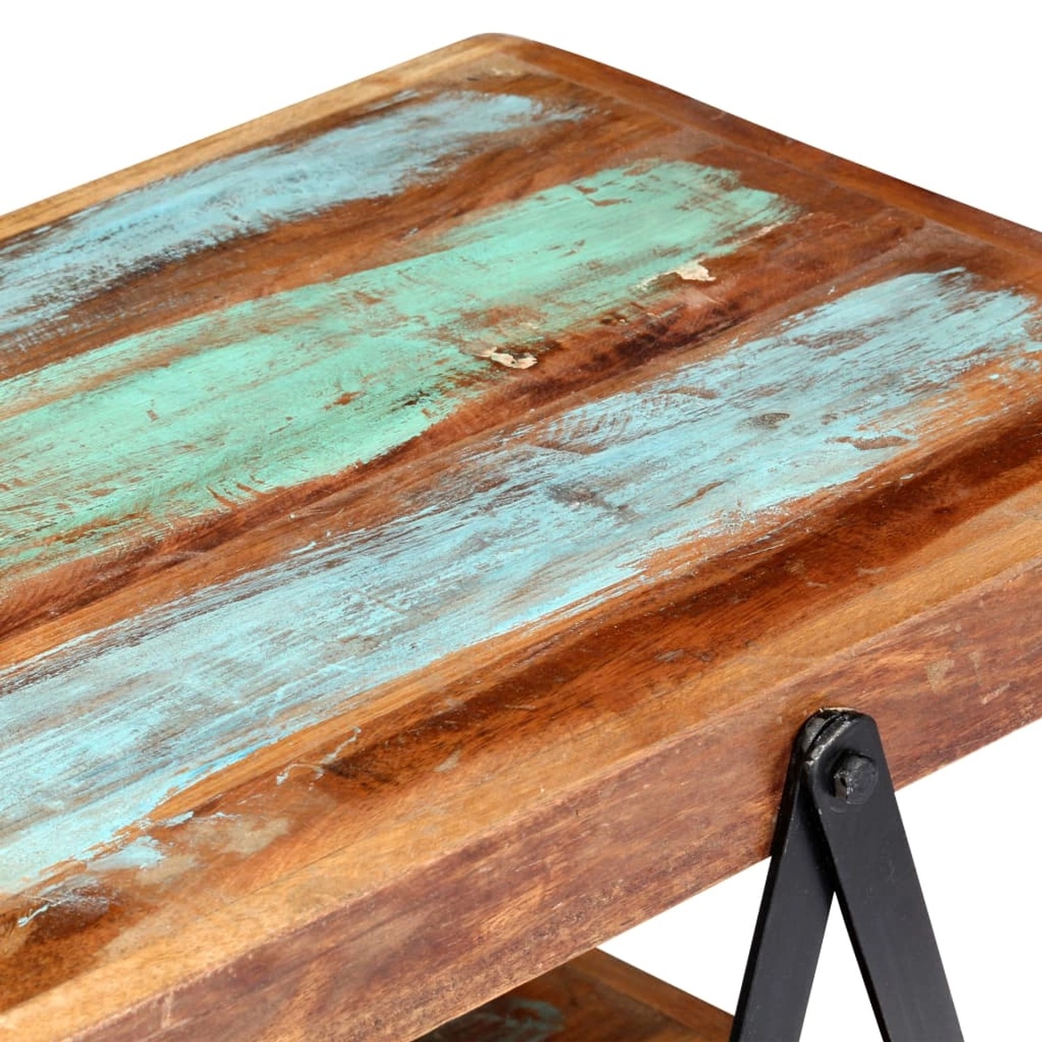 VidaXL TV-Schrank aus Altholz mit Metallgestell, Detailansicht der Tischplatte.