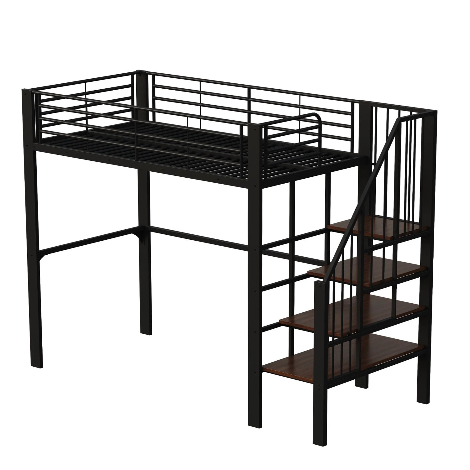 okwish Hochbett 90x200cm mit Stauraum und Treppe Kinderzimmer Schwarz ohne Matratze