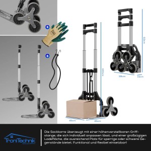 TroniTechnik klappbare Sackkarre für Treppen, bis 75kg, mit Sternrad und Zubehör.