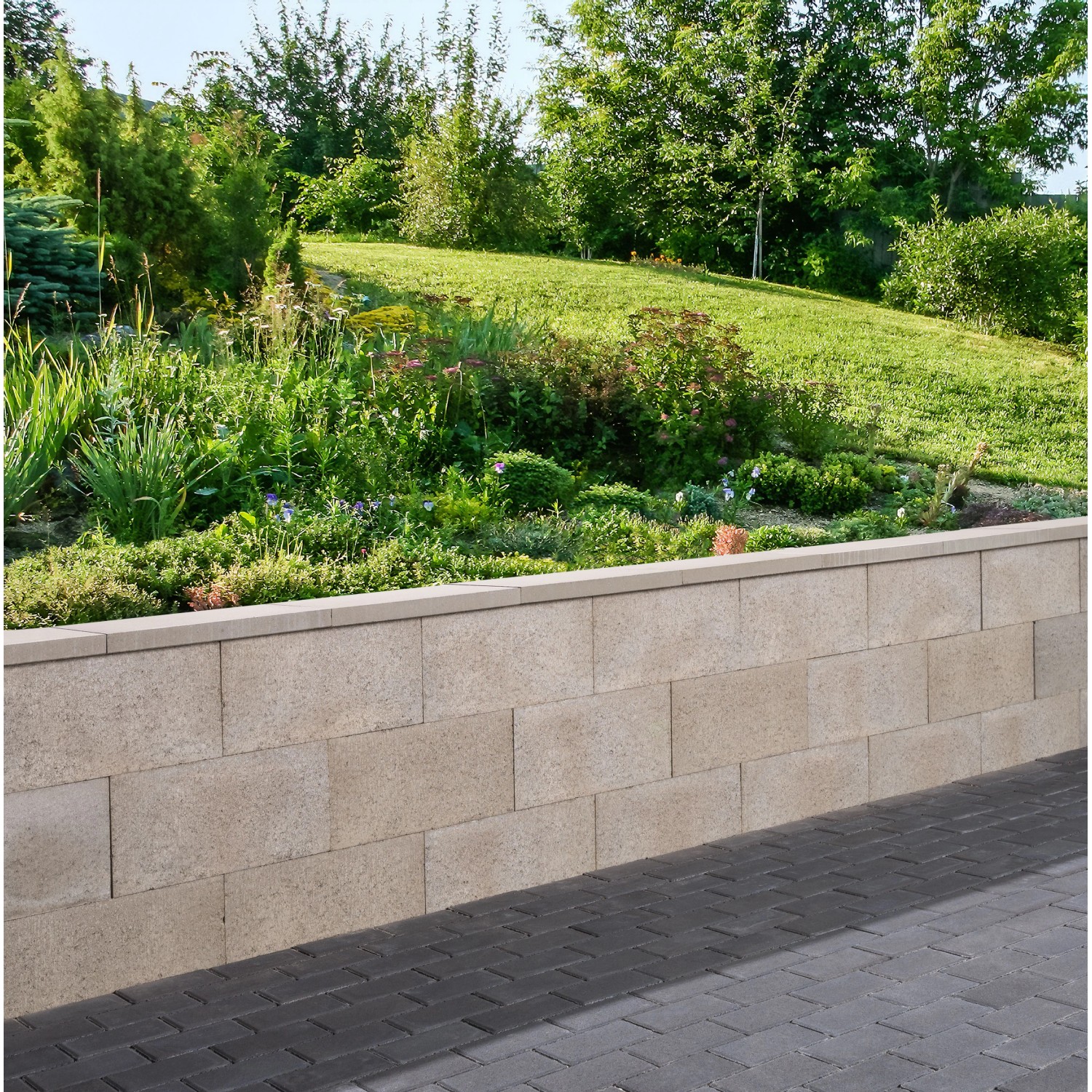 Graue Schalungsstein-Randstein-Mauer (50x25x24,5 cm) im Garten.