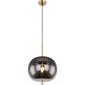 Moderne Globo Pendelleuchte Blacky I mit rauchfarbenem Glasschirm und messingfarbenen Details.
