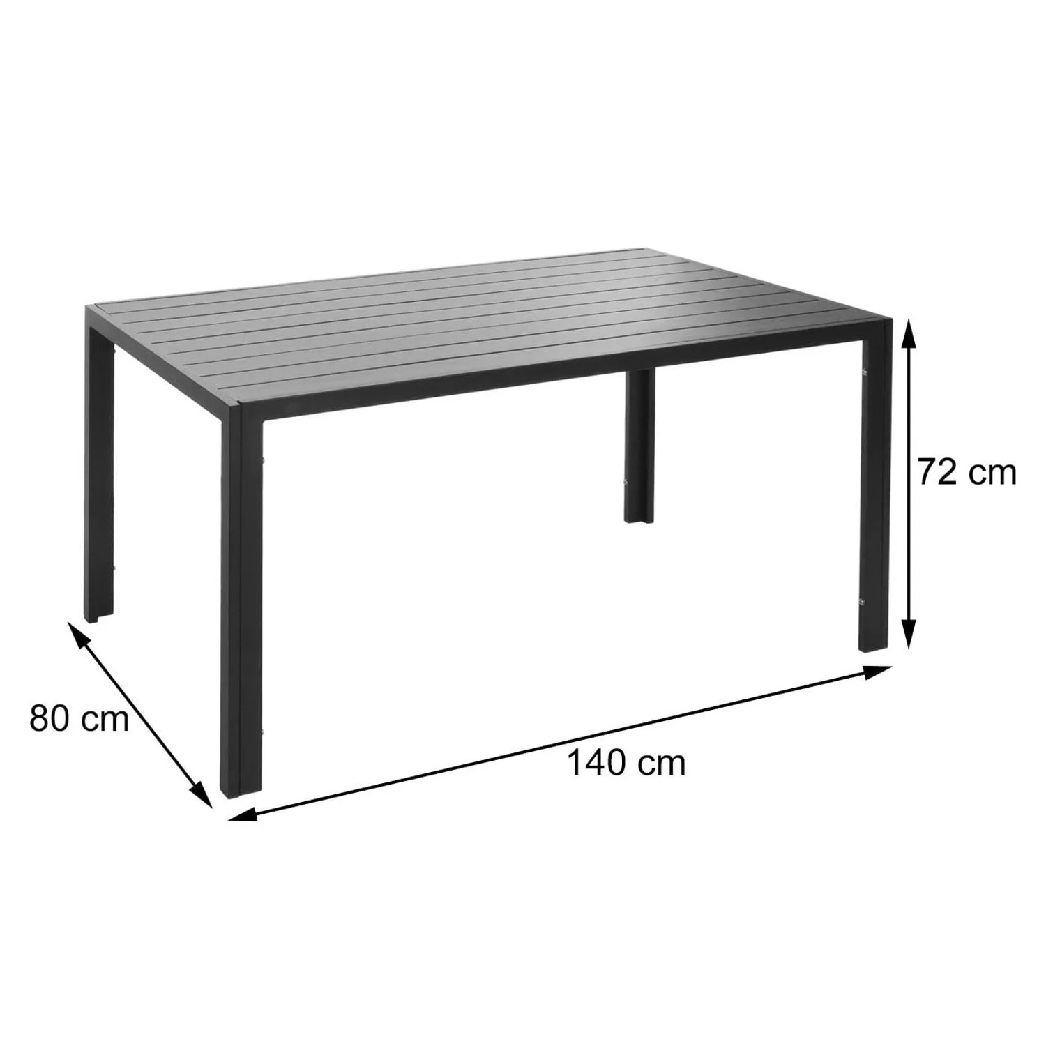 Anthrazitfarbener Alu-Esstisch N40, 140x80x72 cm, mit pulverbeschichteter Aluminiumplatte. Wetterfester Gartentisch.