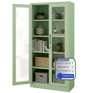 DELUKE Vitrinenschrank ELLO, pastellgrün, mit Glastüren und abschließbar. Ideal für Büro und Praxis.