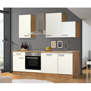 Flex-Well Küchenzeile Vintea in Magnolia/Lancelot Oak mit E-Geräten und Spüle.