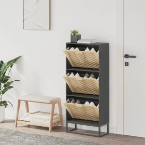 Schwarzer vidaXL Schuhschrank (52x25x120 cm) aus Holzwerkstoff mit drei Fächern.