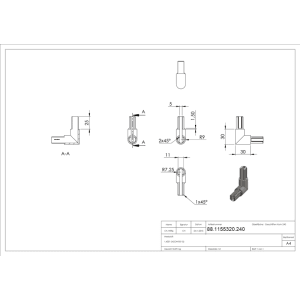 FeNau Eckverbinder Edelstahl V2A Für Rundes Klemmprofil 18x1,25 mm Geschliffen Korn 240