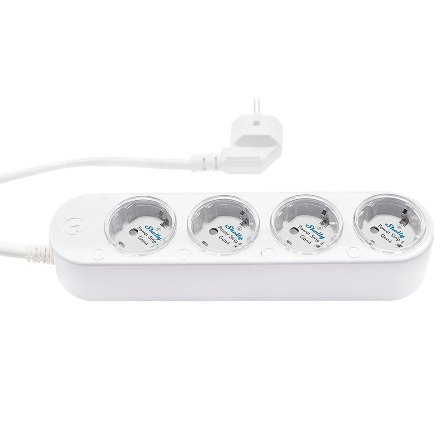 Weiße Shelly Power Strip 4 Gen4 Steckdosenleiste mit vier Steckplätzen und Kabel.