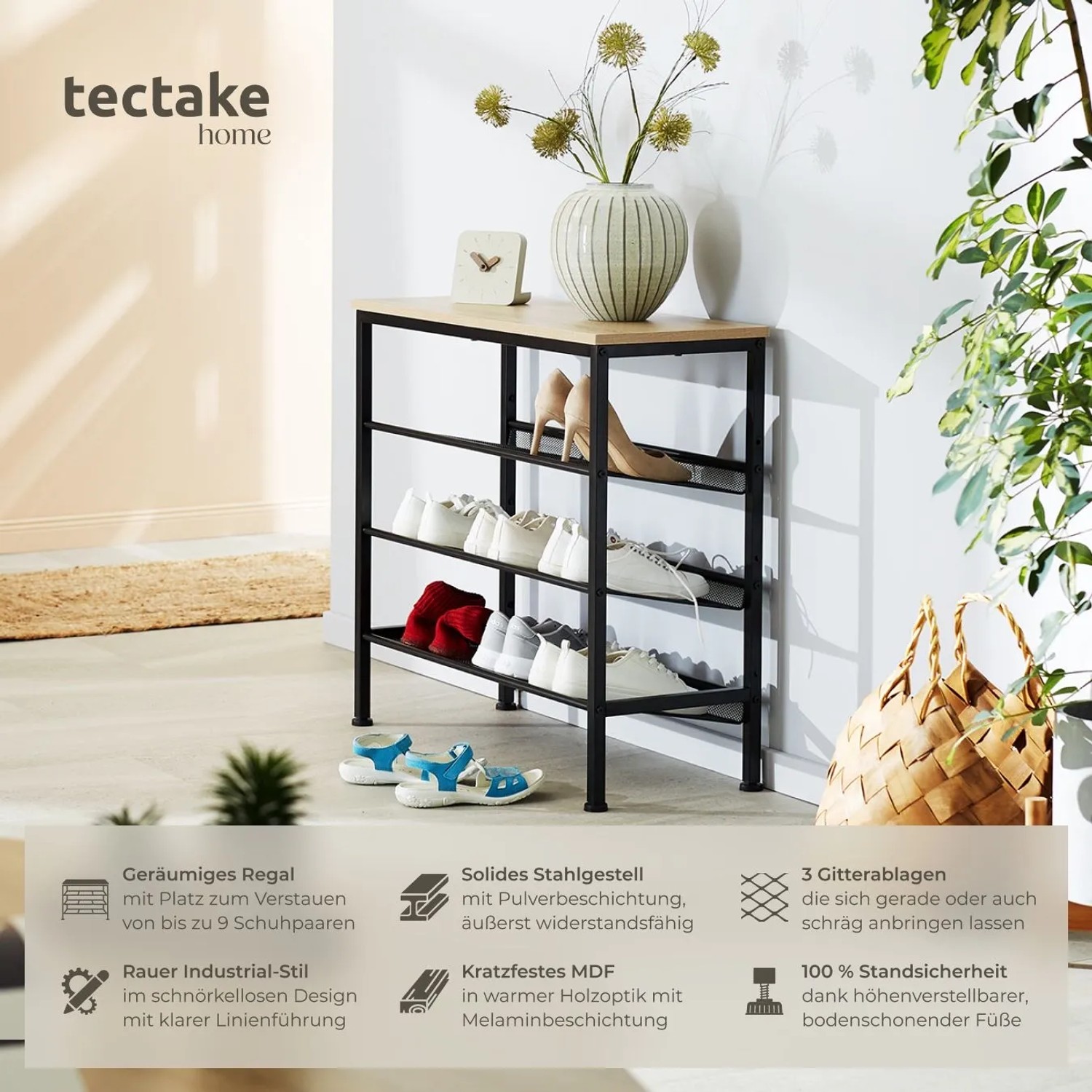 Tectake Schuhregal Wolverhampton Industrial Style Holz und Stahl  75 50 x 30 50 x 69 50 cm Industrial Holz Hell  Eiche Sonoma_2