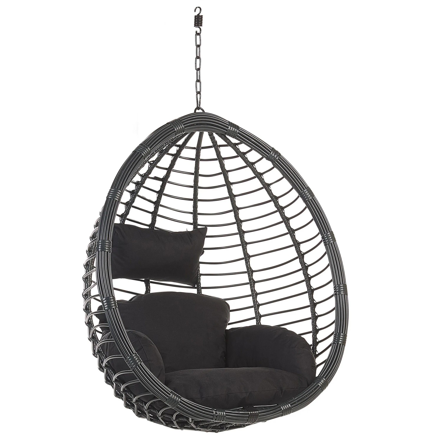 Schwarzer Beliani Hängesessel (97x106x199) mit Rattan-Optik und Kissen.