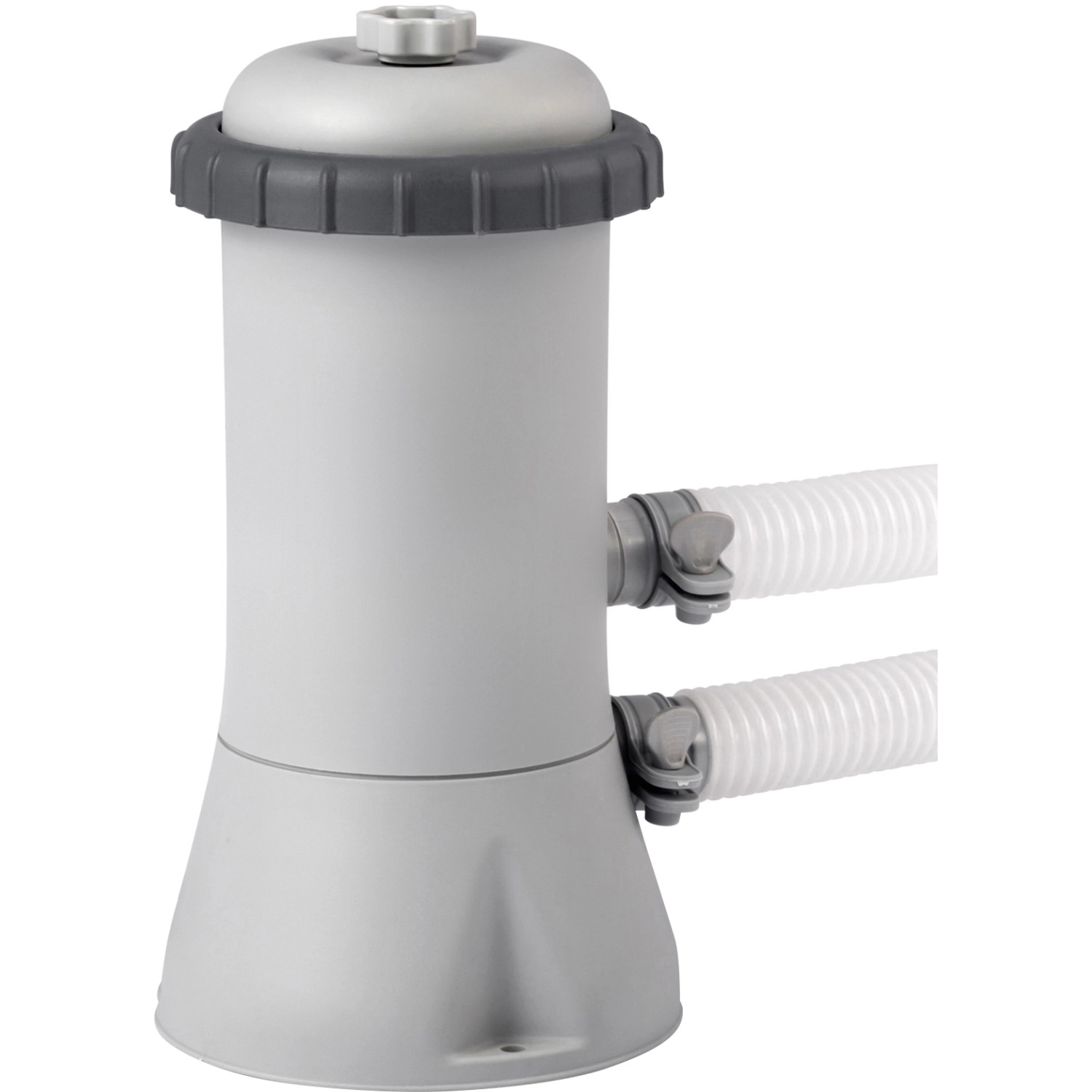 Kartuschenfilteranlage für Intex Easy Set Pool, graues Gehäuse mit zwei Schlauchanschlüssen.