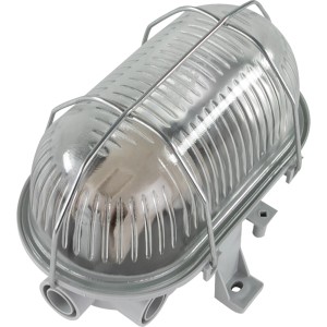 Graue REV Ritter Kellerlampe aus Kunststoff, 60W, mit Schutzkorb. Ideal als Feuchtraumleuchte.