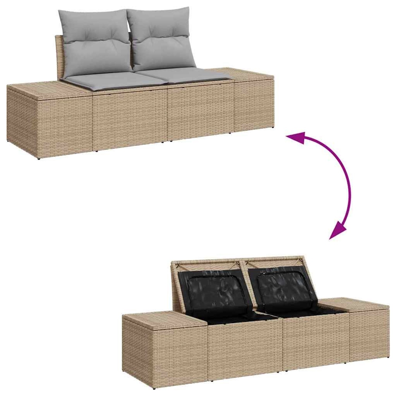 Beiges vidaXL Garten-Sofa-Set, 6-teilig, mit hellgrauen Kissen und Stauraum.