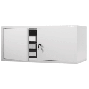 Weißer DELUKE Aktenschrank-Aufsatz mit 2 Flügeltüren, teilweise geöffnet, mit Schlüssel.