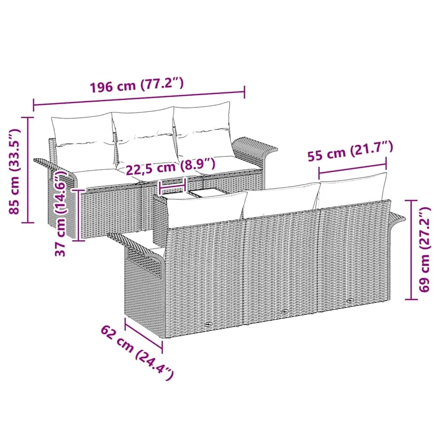 vidaXL Gartenmöbel-Set, 7-teilig, braunes Poly Rattan, mit Maßangaben.