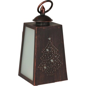 Schwarze Deko-Laterne mit LED-Flamme und Weihnachtsbaum-Motiv, 19,5 cm hoch.