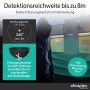 Oktaplex Cali Dos LED Außenstrahler mit Bewegungsmelder, Reichweite und Erfassungswinkel Illustration.