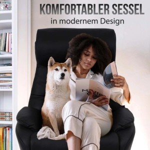 Frau und Hund entspannen im schwarzen MCW Relaxsessel. Moderner Loungesessel mit Armlehnen für Komfort.