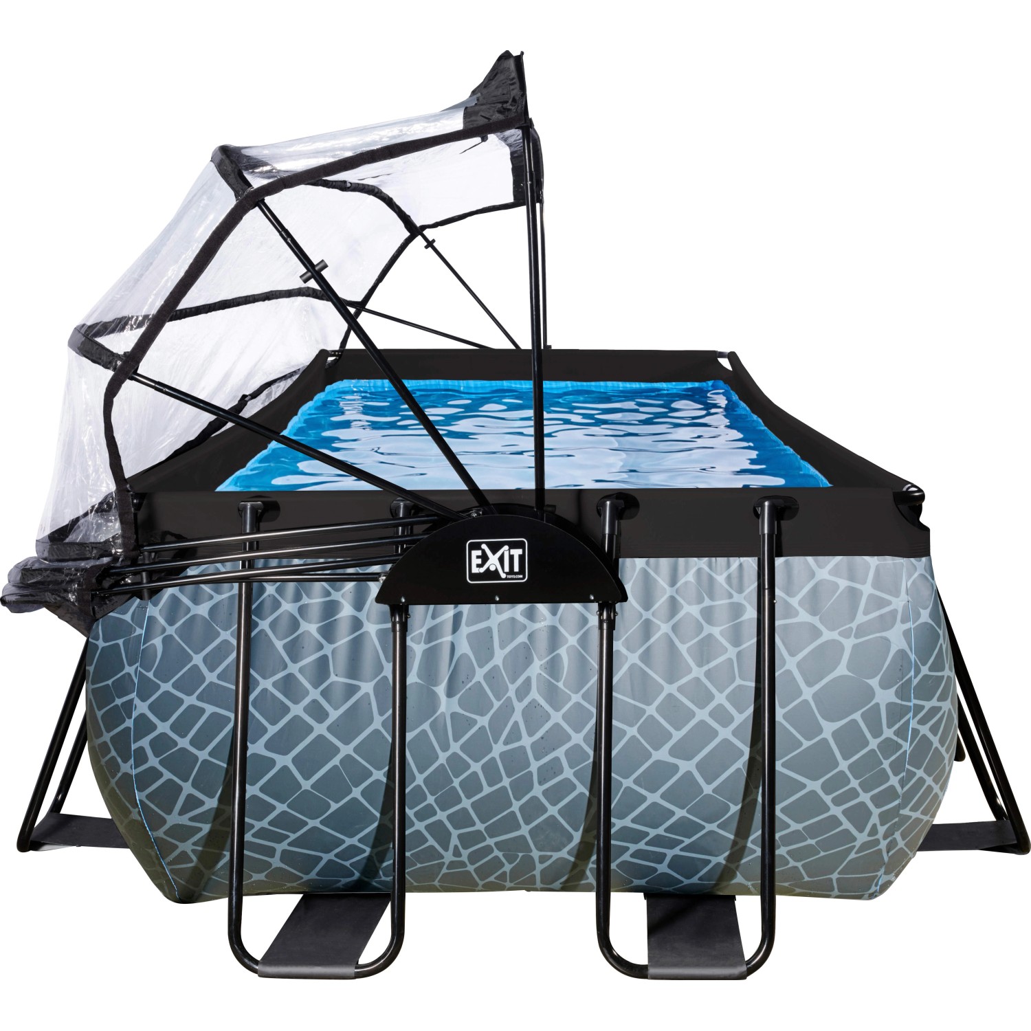 EXIT Stone Pool, 400x200x122 cm, grau, mit Sandfilterpumpe, Abdeckung und Wärmepumpe.
