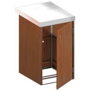 Mülltonnenbox aus Hartholz für eine Tonne mit Deckel und geöffneter Tür.