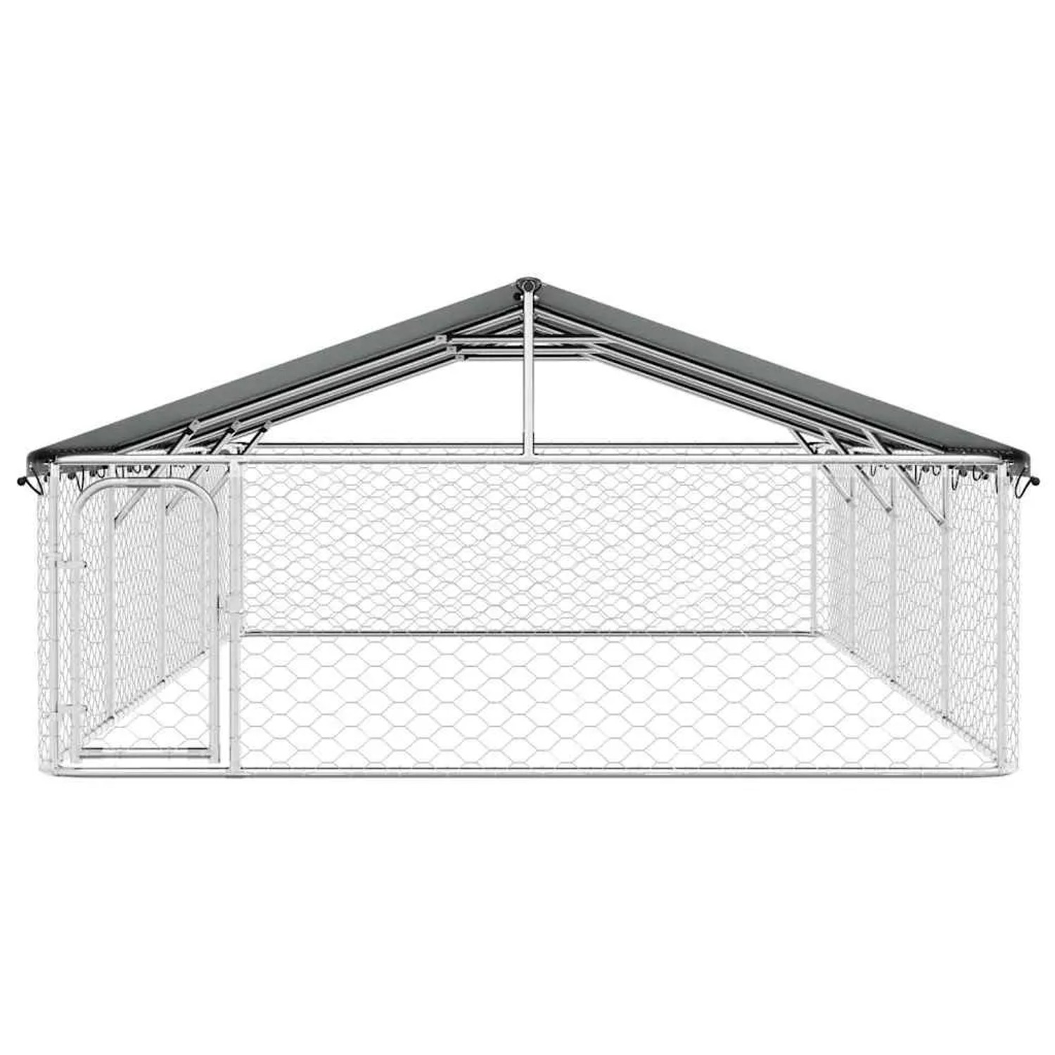 Silberner Outdoor-Hundezwinger aus verzinktem Stahl mit Gitterwänden, Tür und dunklem Spitzdach.