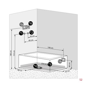 Installationsskizze der AcquaVapore Whirlpool Dusche 90x180 mit Maßangaben zu Anschlüssen.