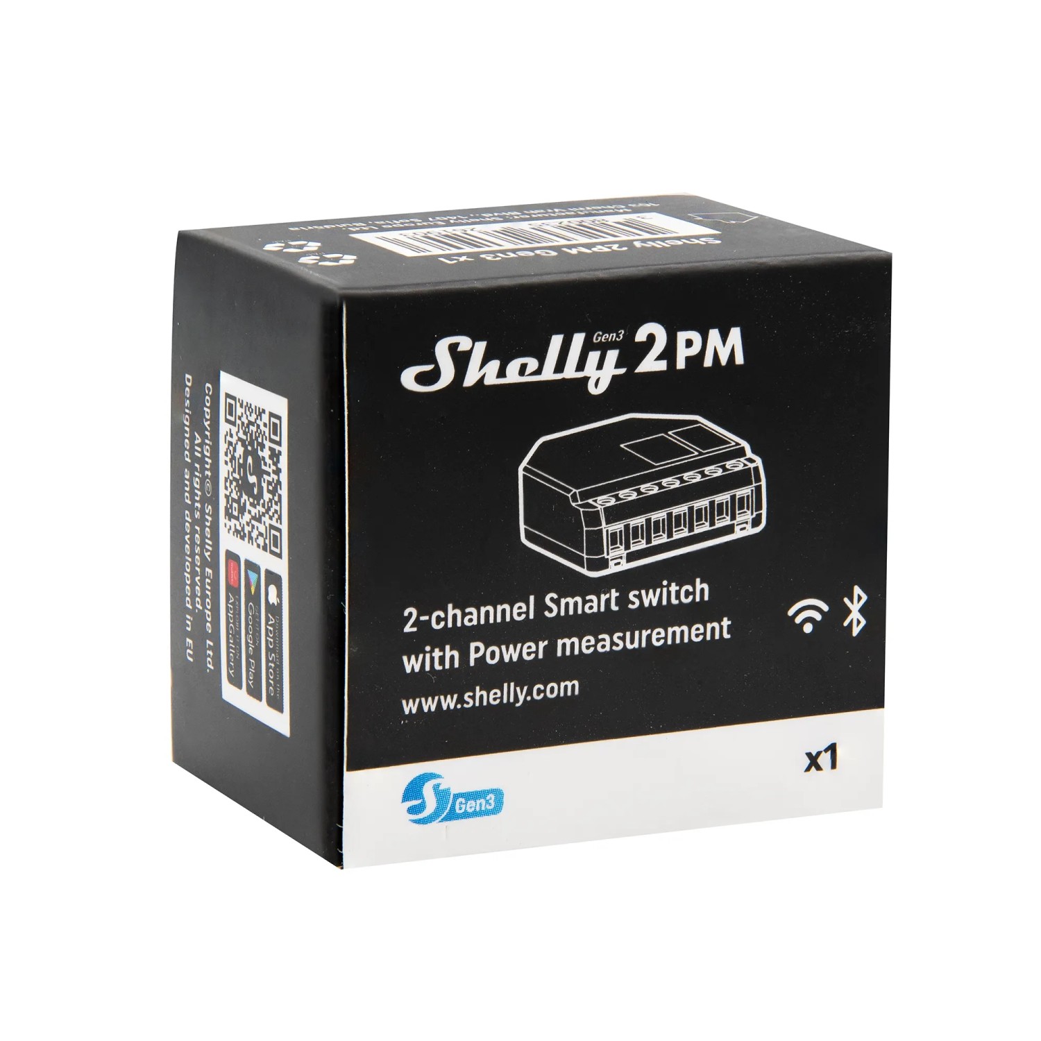 Schwarzer Shelly 2PM Gen3 Rollladenaktor in Verpackung. Smart Home Hausautomation.