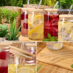 Relaxdays Trinkgläser 4er Set Glas Transparent Mit Bambusdeckel und Strohhalmen 14 cm x 7,5 cm