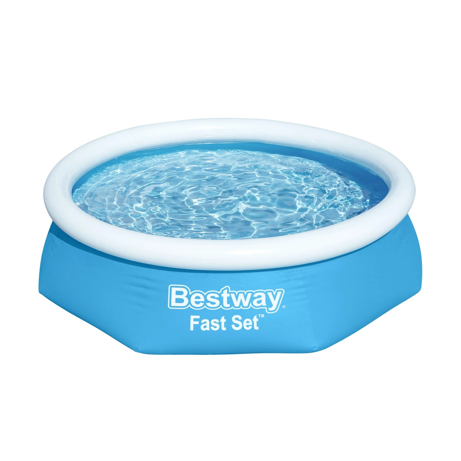 Blauer Bestway Fast Set Aufstellpool, Ø 244 cm, mit weißem Luftring und Wasser.