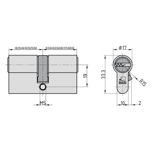 Technische Zeichnung Basi Profilzylinder 30/50 mm, Doppelzylinder für Haustüren, mit Maßen.