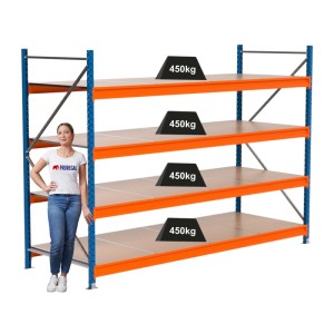 PROREGAL Industrie Weitspannregal Lagerregal MAXIMUS PRO Grundregal HxBxT 200x275x100cm 4 Spanplatten-Fachboden Fachlast 450kg Blau/Orange