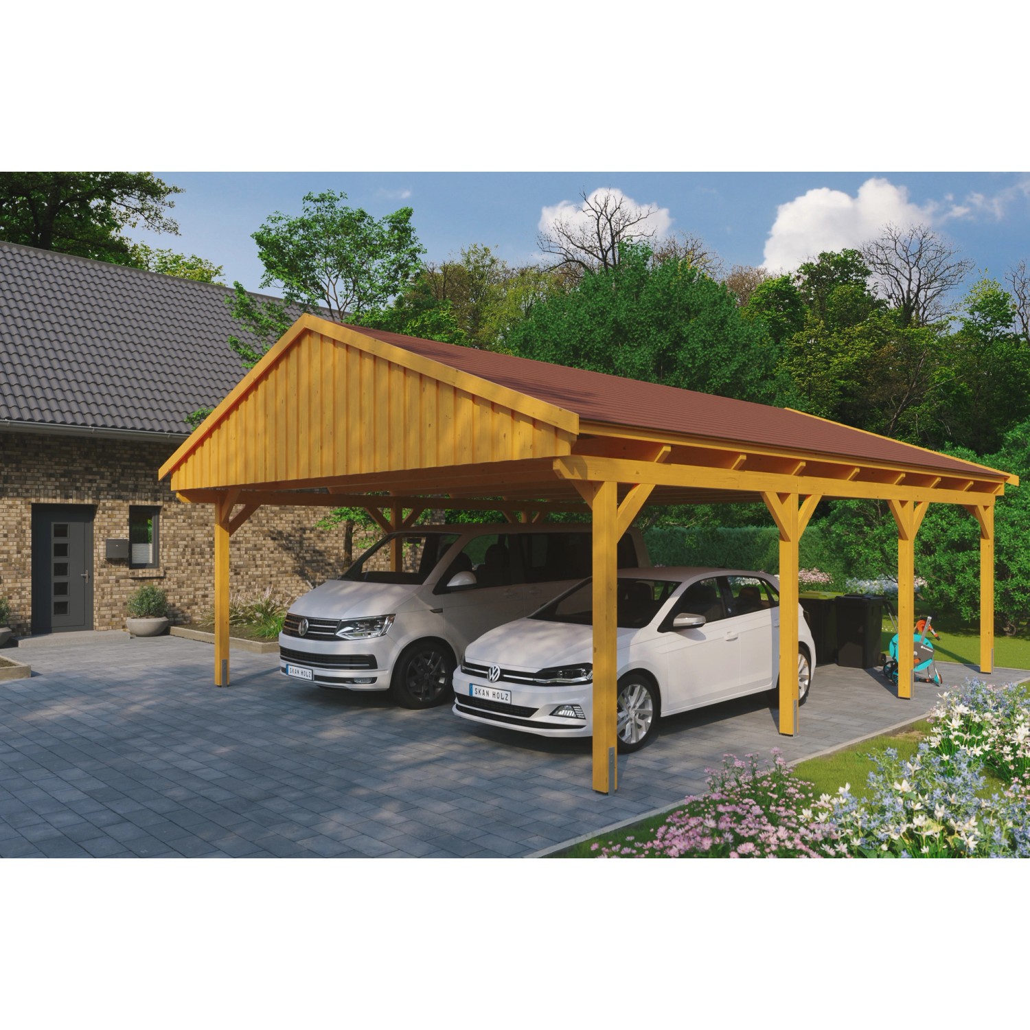 Skan Holz Carport Fichtelberg 618 cm x 808 cm Rote Schindeln Eiche Hell günstig online kaufen