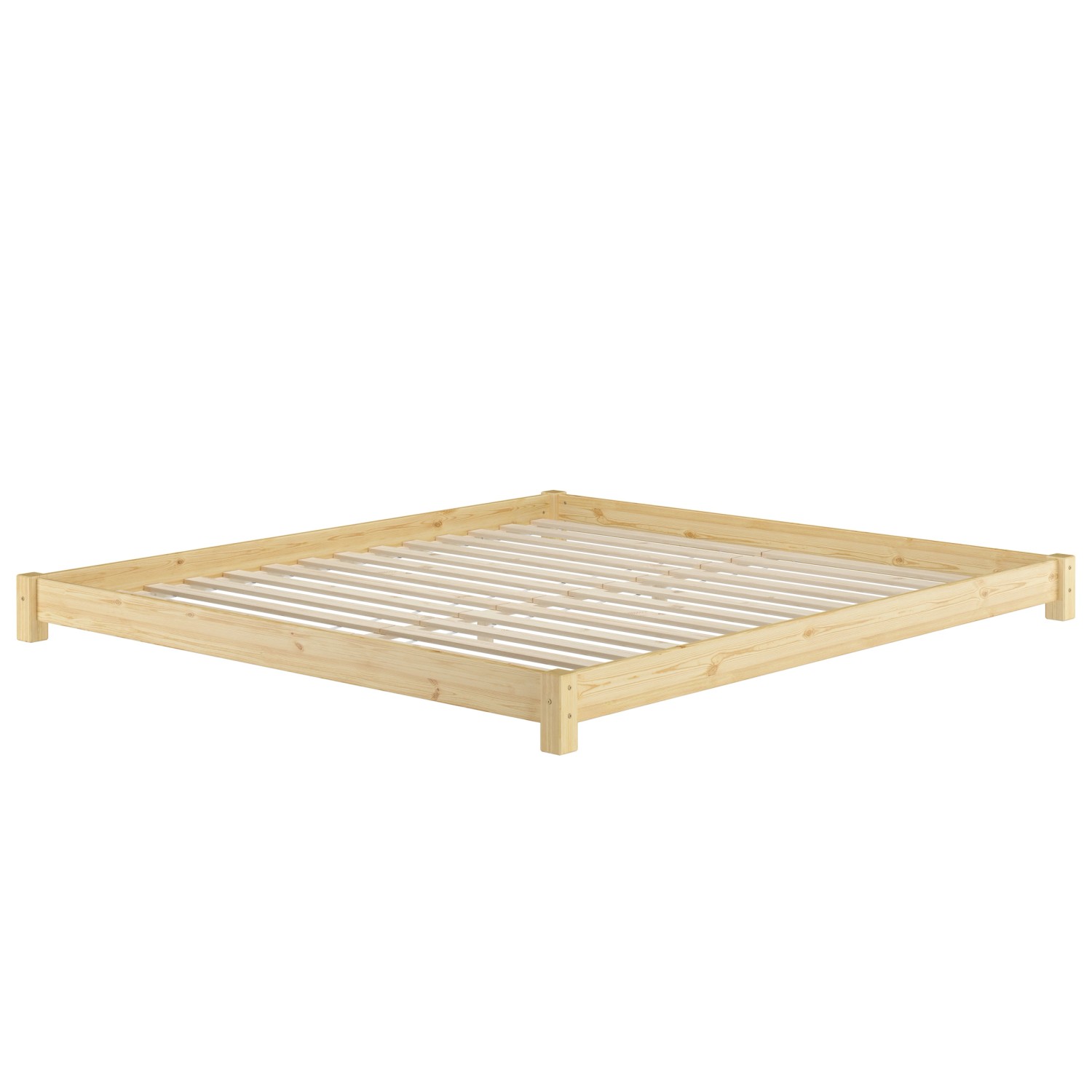 Flaches Kiefer Bodenbett, Doppelbett 180x200 cm, Modell 51 ohne Zubehör.