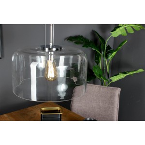 Transparente Luce Design Pendelleuchte Gibus mit silbernem Gestell und E27 Fassung.