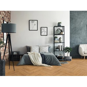 Heller Classen Ville Laminat in Eichenoptik (Prades Oak) im Fischgrätmuster in modernem Schlafzimmer.