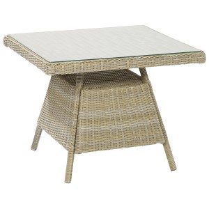 Quadratischer Esstisch aus Polyrattan in Natur mit Glasplatte, Teil des Lounge-Sets Madison.