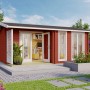 Rotes Lasita Holz-Gartenhaus Brighton mit Satteldach, lasiert, auf Terrasse im Garten. Ideal als Geräteschuppen oder Freizeithaus.