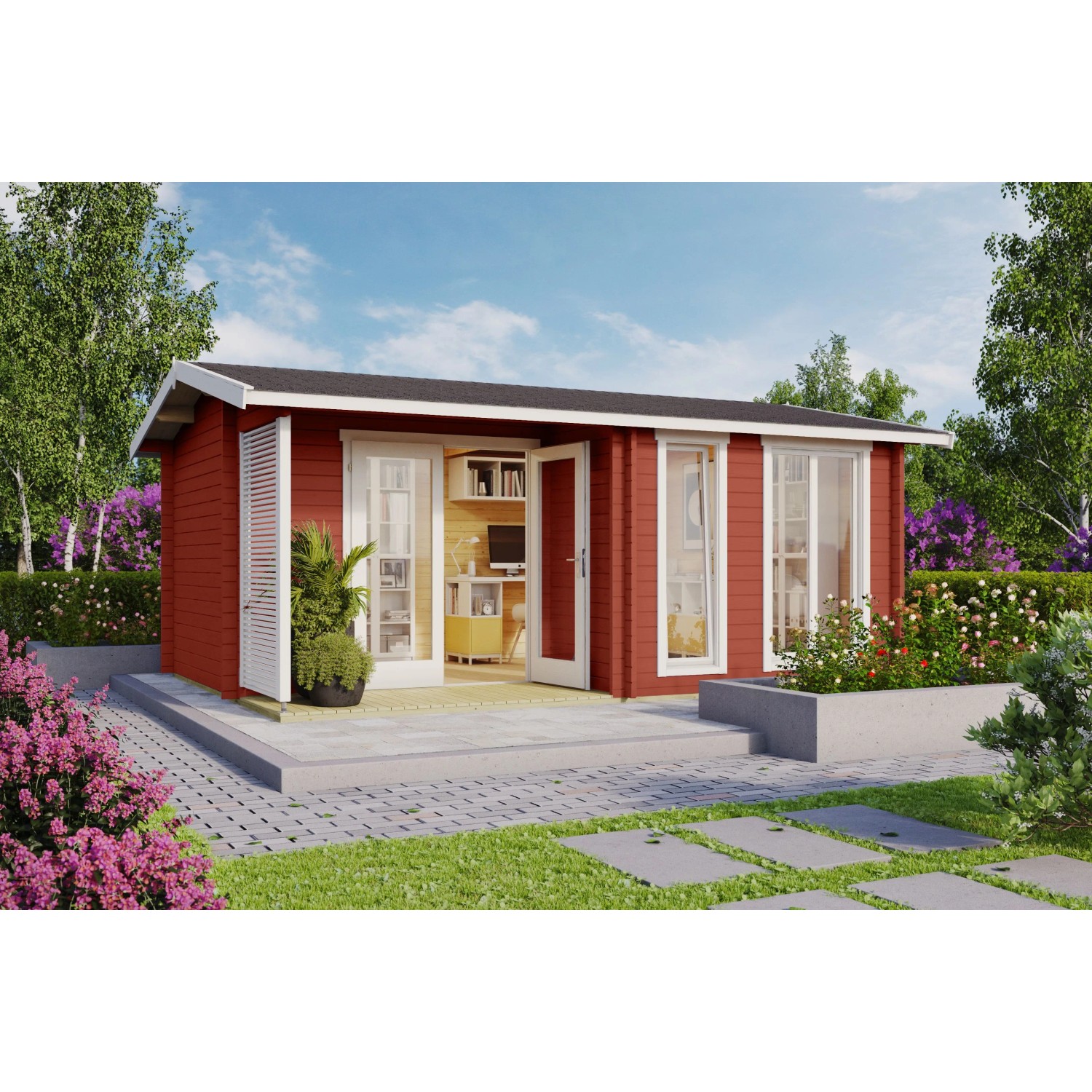 Rotes Lasita Holz-Gartenhaus Brighton mit Satteldach, lasiert, auf Terrasse im Garten. Ideal als Geräteschuppen oder Freizeithaus.