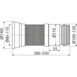 Technische Zeichnung: Alcadrain A970 Flexanschluss für WC, Maße und Details zur Installation.
