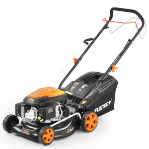 FUXTEC Benzin Rasenmäher RM4346, schwarz/orange, 42 cm Schnittbreite, 40 L Fangkorb, 3in1 Funktion für Rasenpflege.