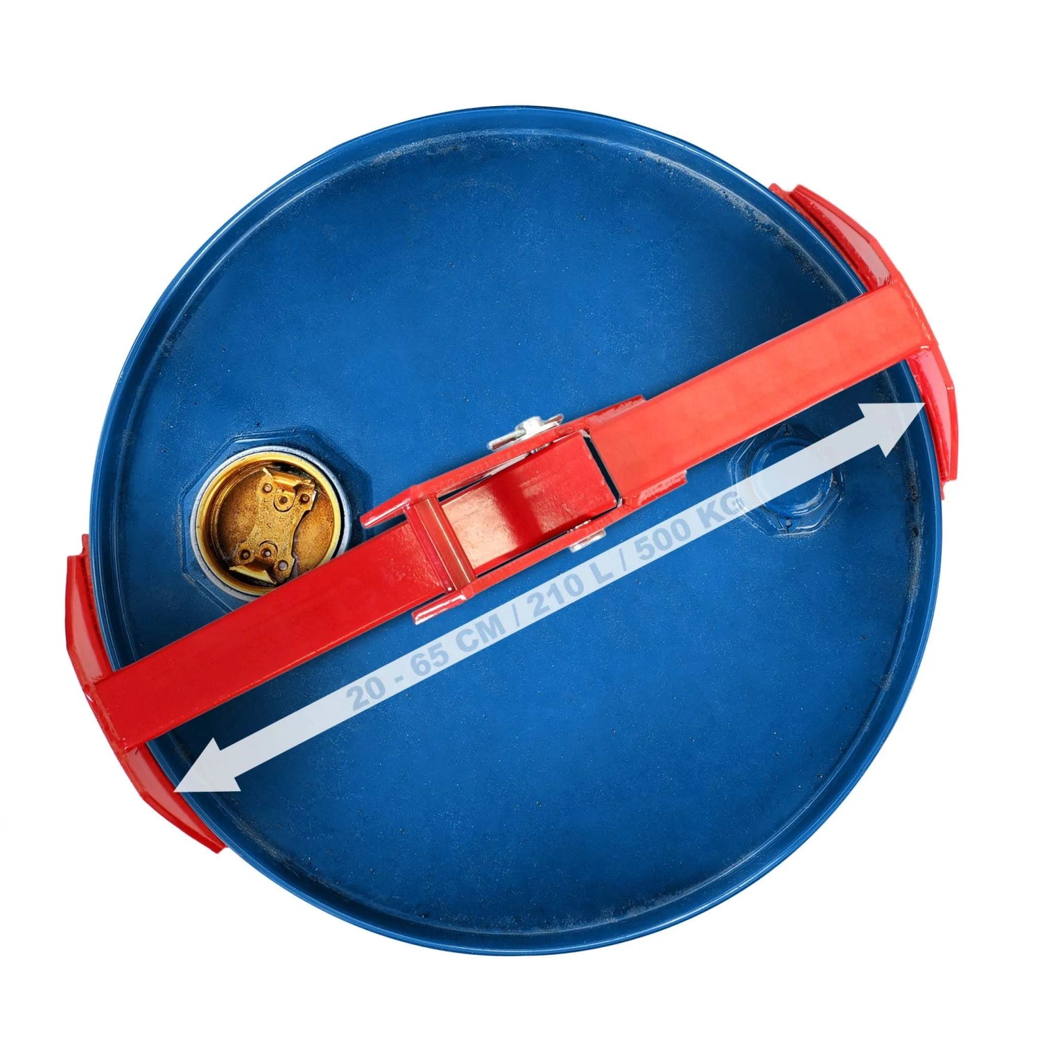 Rote Xpotool Hebeklemme an blauem 210L Fass. Fasszange für 20-65cm Durchmesser, 500kg Tragkraft. Vertikales Heben.