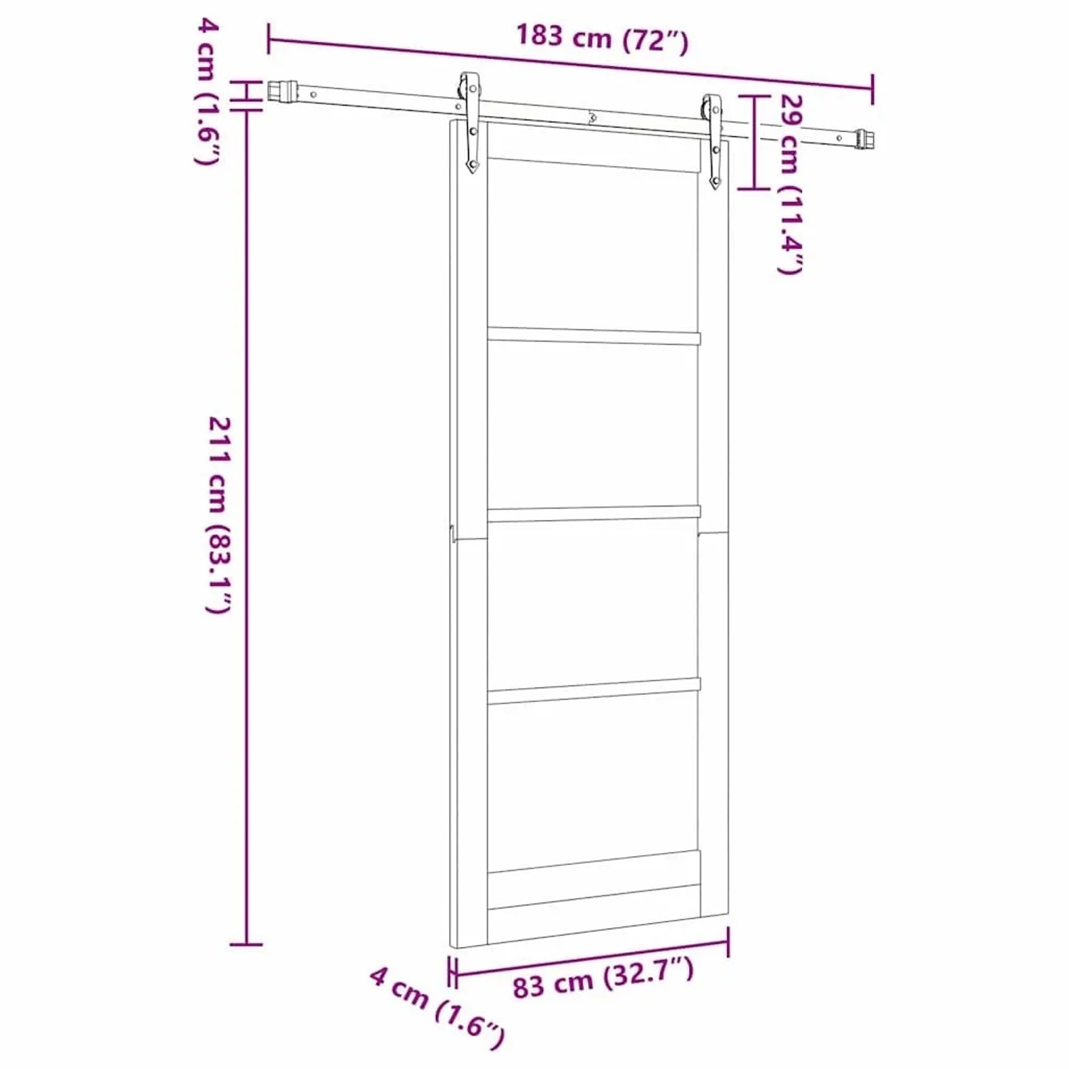 Technische Zeichnung der weißen vidaXL Schiebetür aus Kiefernholz und Glas mit Maßen 83x211 cm.