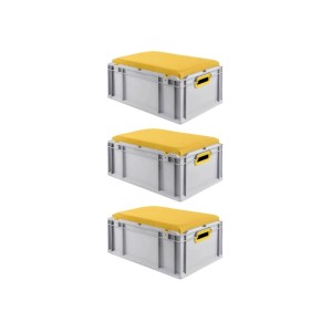SparSet: 3 graue Euroboxen mit gelbem Sitzkissen, 44 Liter. Ideal als Transport- und Sitzbox.