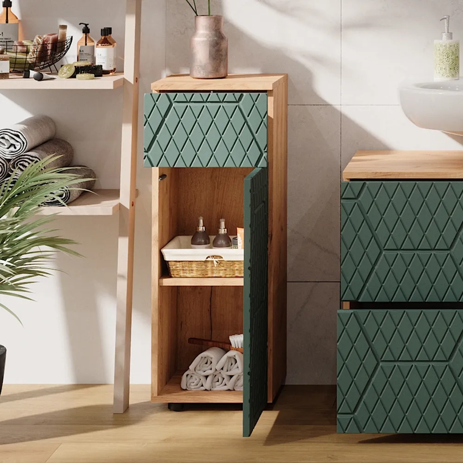 Vicco Bathroom mirror cabinet Irma, Green/golden oak, 80 x 55 cm Vicco Bathroom mirror cabinet Irma, Green/golden oak, 80 x 55 cm