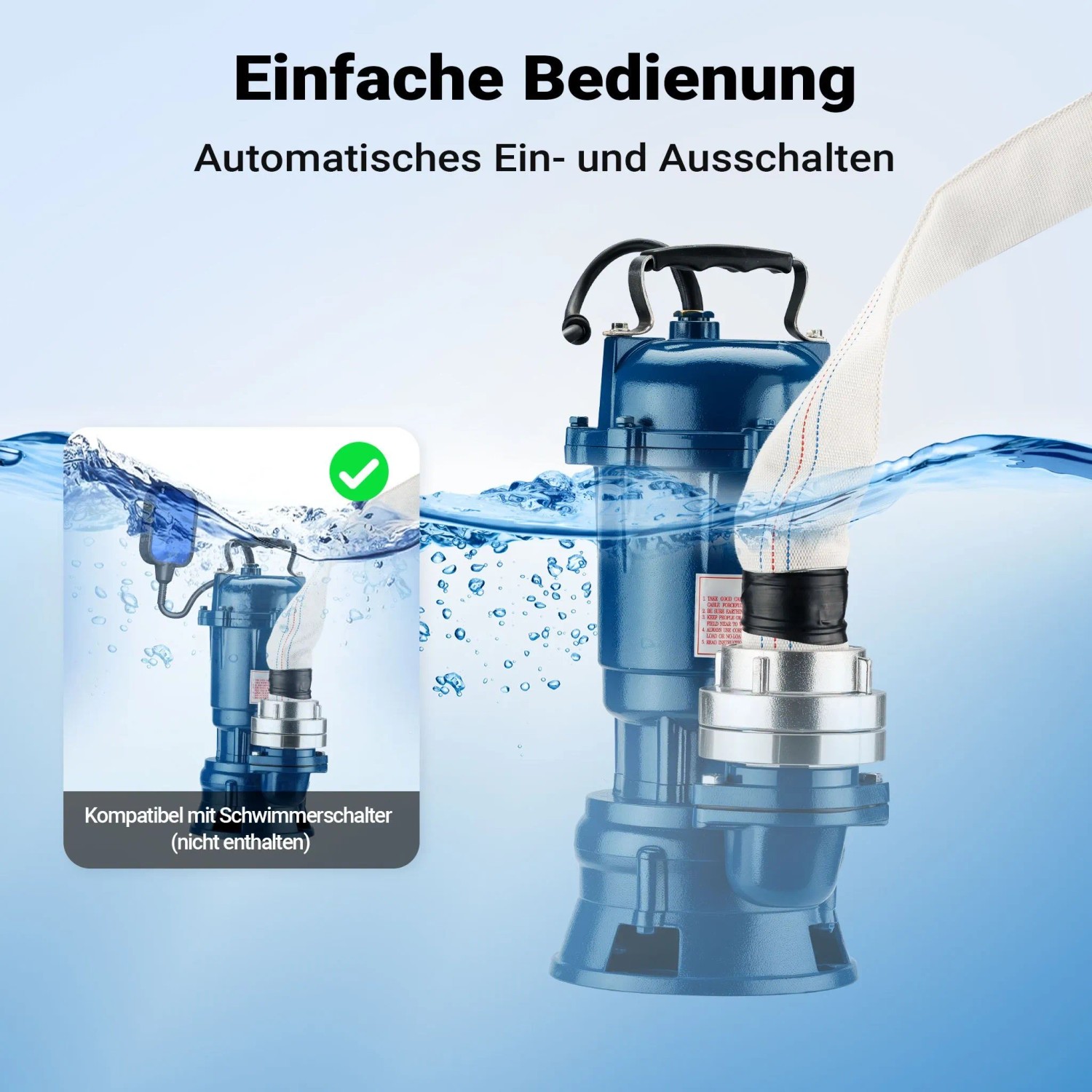 Wiltec Schmutzwasserpumpe, blau, mit Schlauch im Wasser. Automatische Ein-/Ausschaltung für effiziente Entwässerung.
